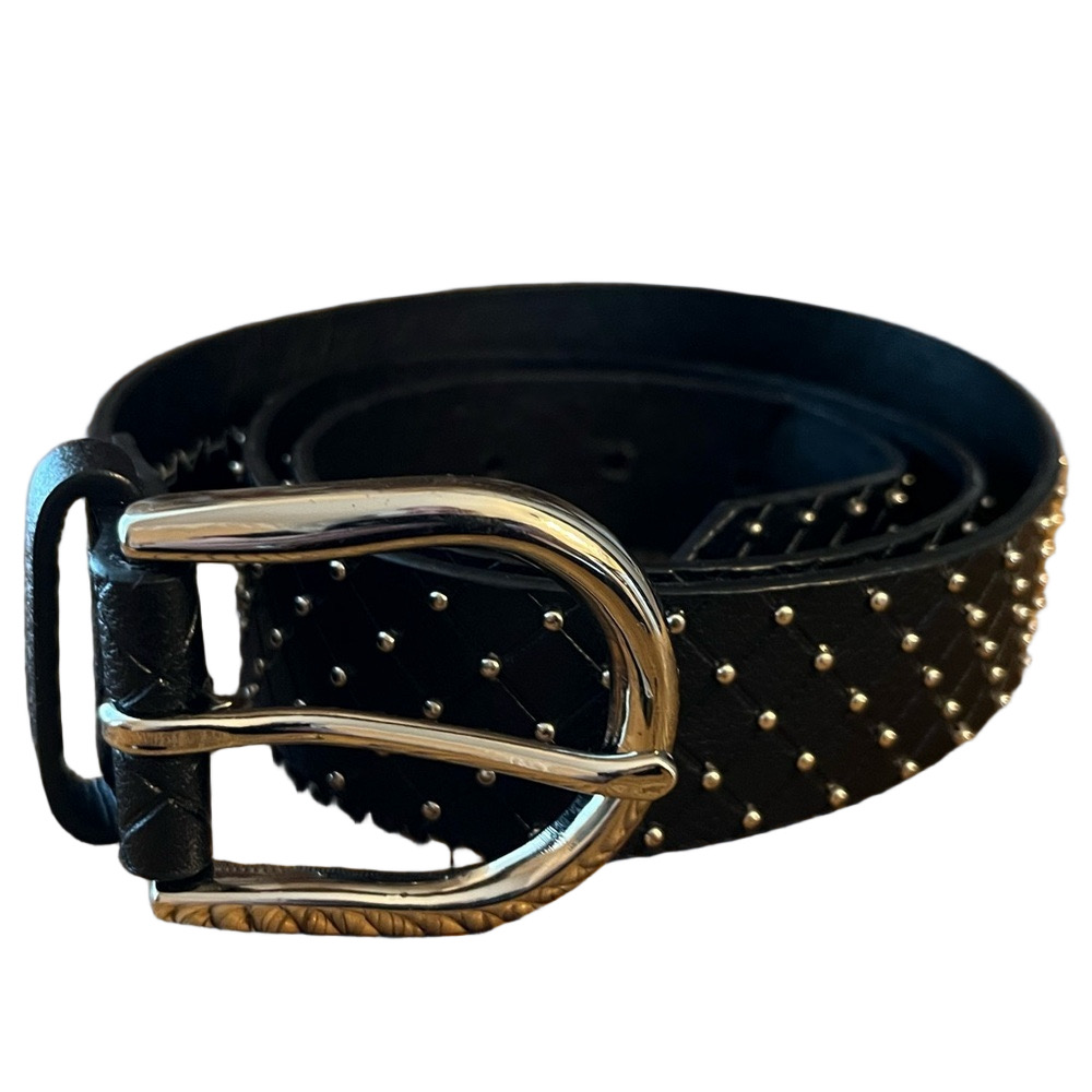 Tahari Studded Black Leather Belt Silver Rivets Punk Rock Moto Size M